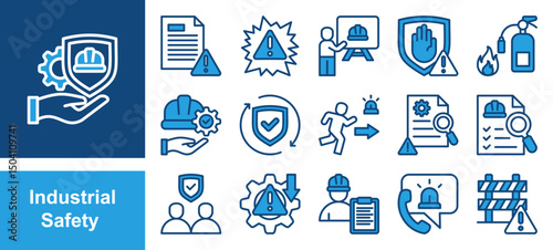 Industrial safety icon set with hazard, risk, management, accident, prevention, protection, equipment, workplace, incident report, training and emergency.