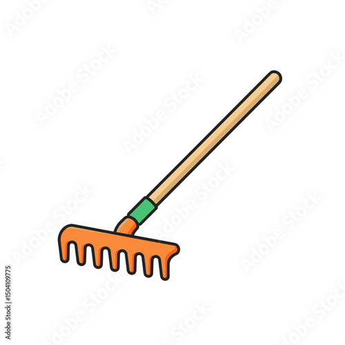 Gardening rake tool icon, with a wooden handle in a flat design  