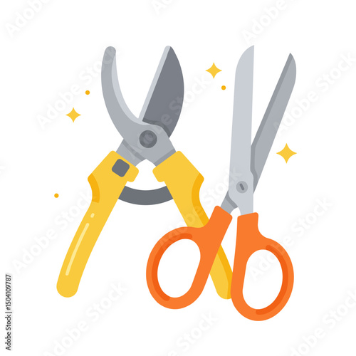 Gardening tools including pruning shears and scissors on white background  