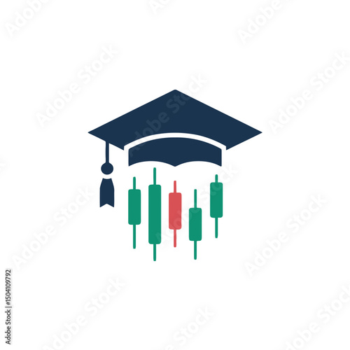 A graduation cap is creatively combined with a series of candlestick charts, symbolizing education in finance or stock trading