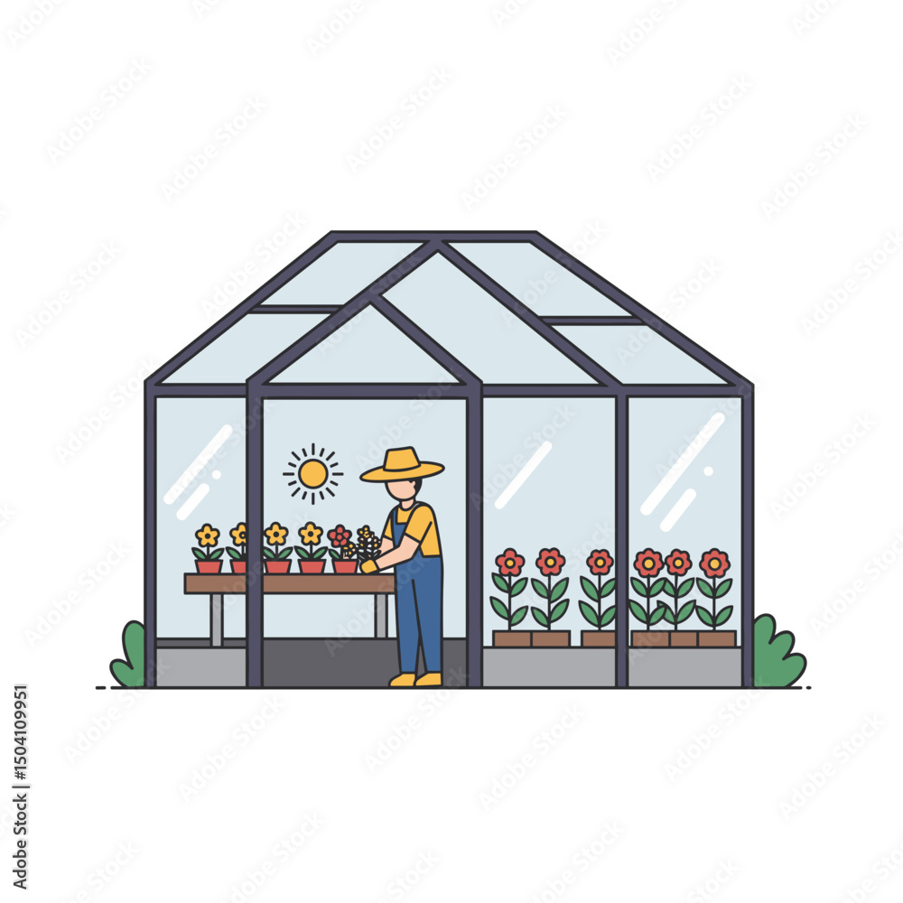 Obraz premium Gardener tending to flowers in a greenhouse with sunlight overhead 