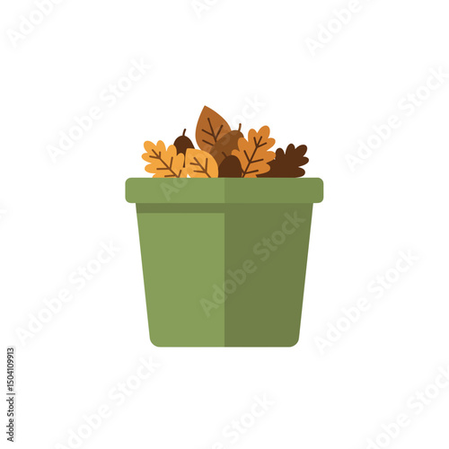 Compost bin icon with leaves in green container  