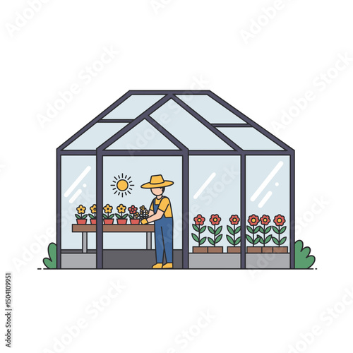 Gardener tending to flowers in a greenhouse with sunlight overhead  