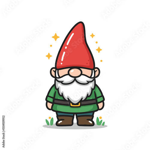 Cartoon garden gnome standing with a cheerful expression in greenery - Concept of gardening icon  