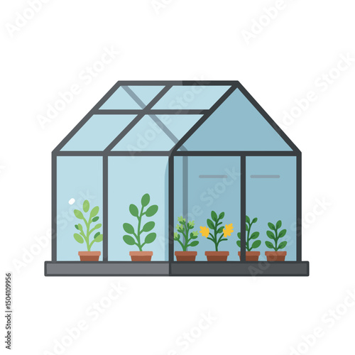 Greenhouse icon with potted plants illustrating the concept of gardening icon  