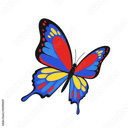 Colorful butterfly illustration with blue, red, and yellow wings  