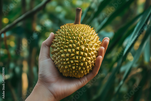 Hand holding ripe small durian tropical fruit fresh nature sweet delicious. photo