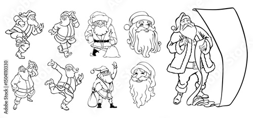 Santa Claus Collection: A whimsical illustration showcases a playful assortment of Santa Claus figures in various joyful poses, exuding the spirit of Christmas cheer.