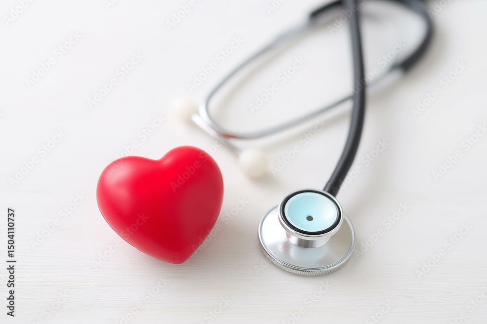 A red heart symbol next to a stethoscope representing healthcare and well-being. A red heart symbol next to a stethoscope representing healthcare and well-being.