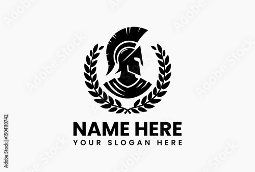 Timeless Spartan helmet within circular laurel wreath monochrome vector logo. Greek warrior legacy symbol  