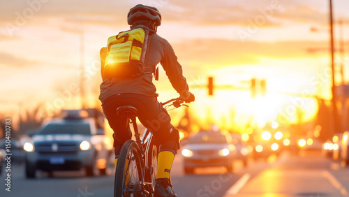 Pedaling Towards the Sunset: A cyclist, bathed in the golden light of the setting sun, navigates a bustling city street, embarking on a journey of adventure.