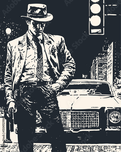 Film noir vector: A stylish man in a fedora holding a gun on a city street at night. Classic car and traffic light. Retro high-contrast graphic style.