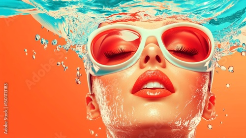 Submerged in Summer: A vibrant artistic depiction of a person enjoying the refreshing embrace of water, wearing stylish sunglasses and radiant with a summer glow.