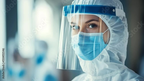 A female doctor or healthcare worker wearing a full protective suit, including a face shield and mask, looks directly at the camera, possibly during the coronavirus pandemic