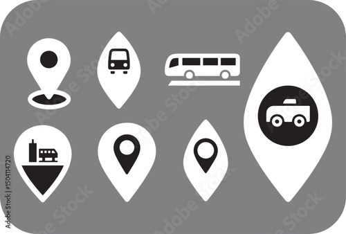 Collection of black and white transportation location icons