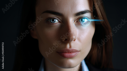 Close up of woman with futuristic eye display technology interface