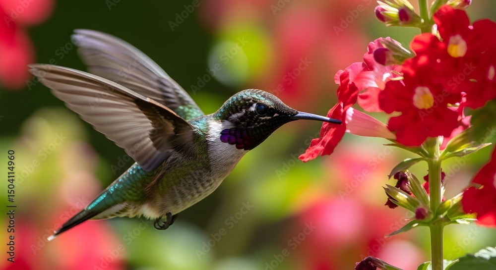 Fototapeta premium Hummingbird's Sweet Embrace: Tiny Bird Sipping Nectar from Vibrant Blossoms, Symbolizing Nature's Delicate Beauty and Fleeting Moments of Joyful Harmony.