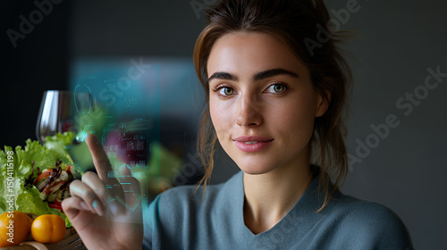Woman interacting with holographic display near salad and wine glass