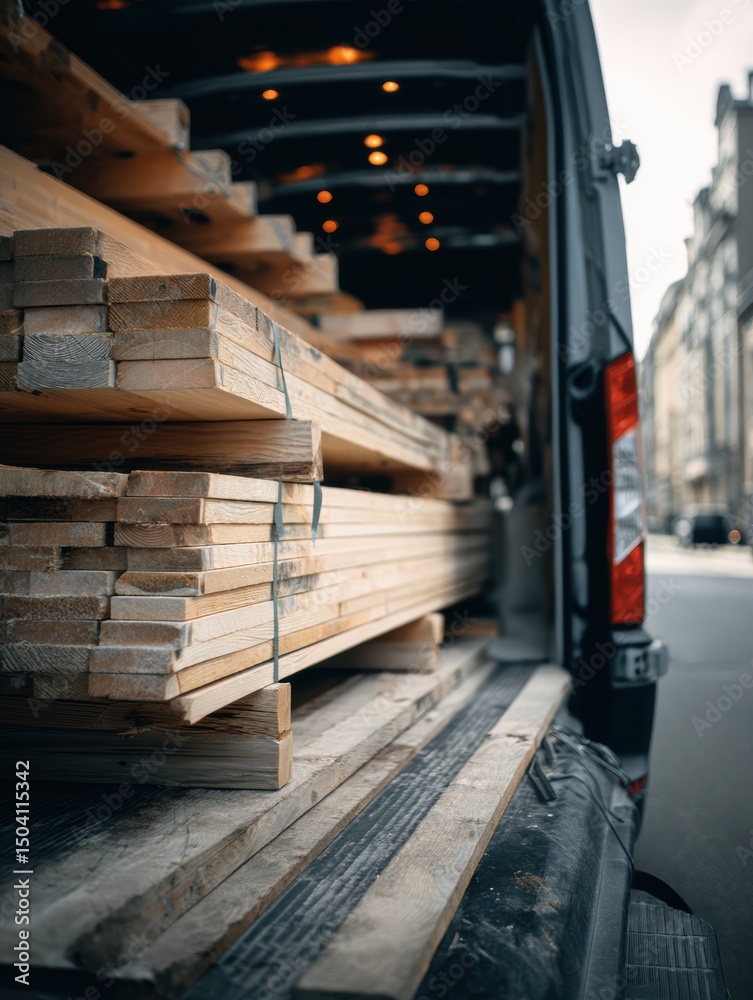 Obraz premium Logistics Van Loaded With Wood Planks Parked on City Street During Daylight