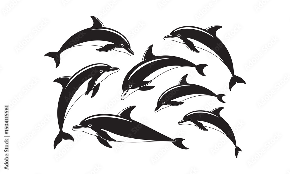 Naklejka premium Dolphin Silhouette Vector Set – Jumping and Swimming Marine Mammals .