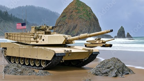 Military Tanks on Rocky Beach with Foggy Landscape and American Flag in Background