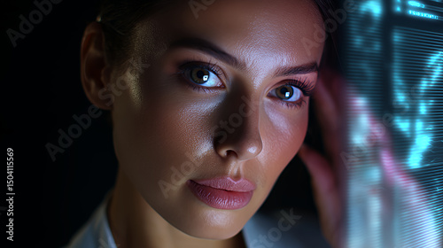 Woman looking at holographic display with futuristic data interface