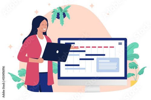 Project manager woman with laptop - Female person working with company and business project management making schedules in calendar. Flat design vector illustration graphic on white background