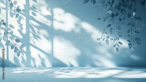 Light blue room with leaves and their shadows creating a calming effect