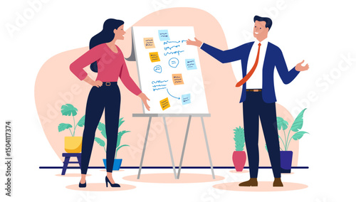 Businesspeople with flipchart - Two people, man and woman in workshop using sticky notes and scribbles to solve project problem, discussing and talking. Flat design vector illustration graphic 