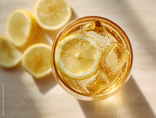 Chilled honey lemonade in a clear glass with lemon slices and ice cubes
