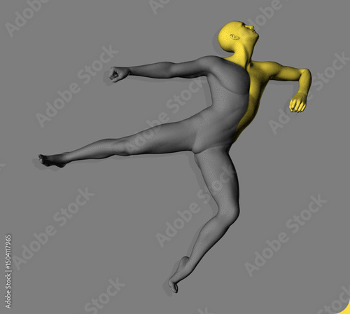 A man dancing. A ballerina or figure skater performing. Choreography. Sports symbol. Model of a man in Stipple style with the effect of splitting the body colour into two parts: black and gold. Vector
