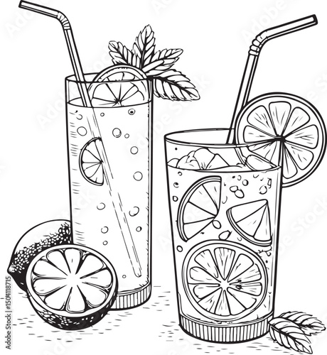 Fresh lemonade and cocktails with lemon, lime, and ice, perfect summer drinks