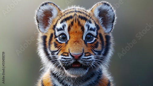 Adorable close up portrait of a young bengal tiger cub with captivating eyes looking towards camera.