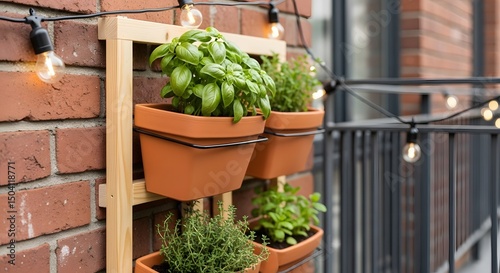Urban Herb Garden: A Taste of Green Delight, Bringing Nature's Charm to Small Spaces with Fresh Basil, Thyme, and a Rustic Vertical Display, Radiating Cozy Warmth photo