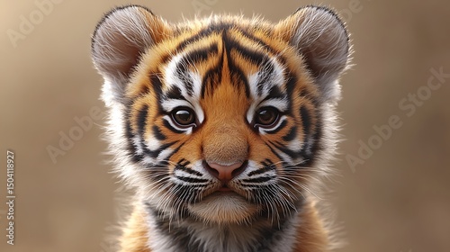 Adorable close up portrait of a young tiger cub with soft fur and curious expression