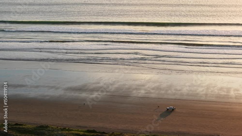 4WD vehicle driving along beach with dogs running alongside 