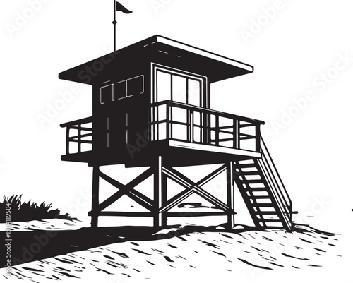 Old black and white lighthouse tower on the summer beach with blue sky and sea