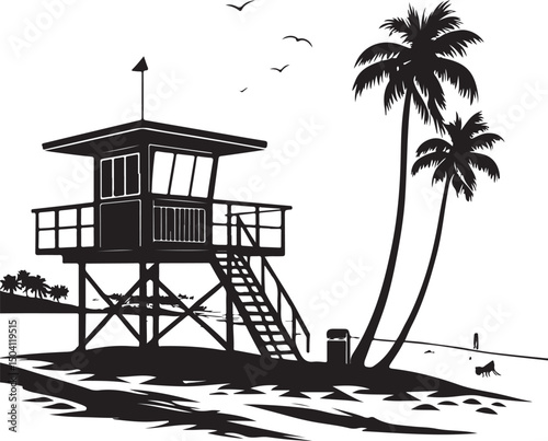A solitary lighthouse stands silhouetted on the sandy beach against the sunset over the ocean