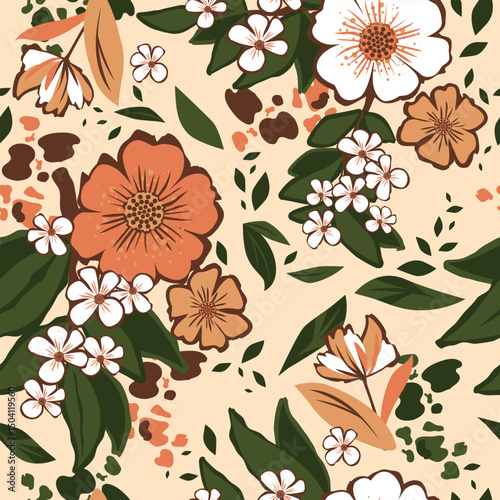 Vintage vector seamless pattern with delicate flowers, green leaves and leopard spots on beige. Perfect for textile, wallpaper, fabric and home decor.