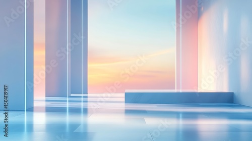 Minimalist Product Display Stage with Sunset Background and Vertical Lighting Elements