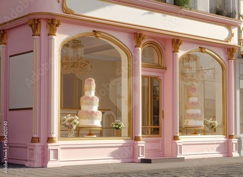 Pink french patisserie storefront mockup with ornate classical architecture gold columns arched windows displaying elaborate wedding cake luxury bakery boutique romantic facade.