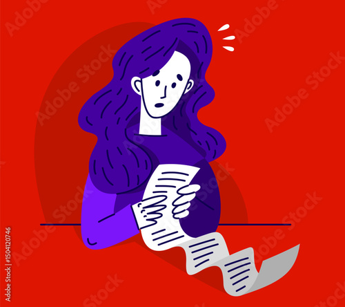 Young woman in trouble have a very long list to do, vector illustration of a stressed girl with long checklist, may be used as a long bill or check.