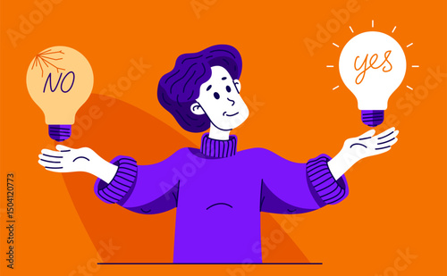 Young boy having a lot of ideas and choosing best one to solve some problem, vector illustration of a young person who is choosing between different ideas which one is working.