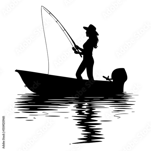 Woman Fishing on Boat Standing Vector SVG Clipart illustration