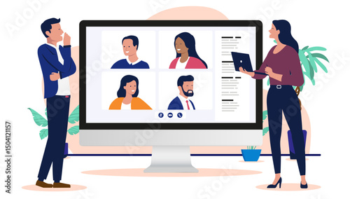 Online business video meeting - Two people, man and woman in office talking with businesspeople remotely online. Flat design vector illustration graphic on white background