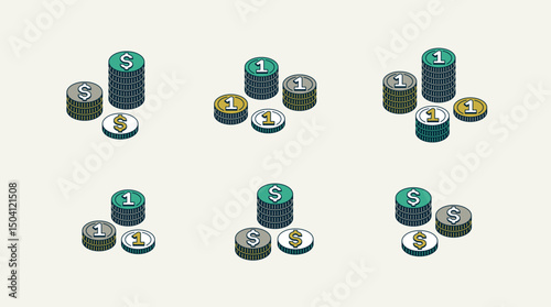 Coin piles vector set, stack of coins 3d isometric bundle, savings treasures and wealth theme, budget, exchange or jackpot concept.