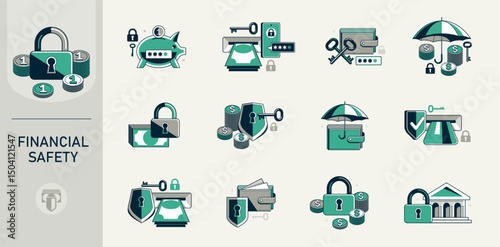 Protected finances vector detailed icons set, insurance and account privacy risk, secured money and transactions, financial safety.