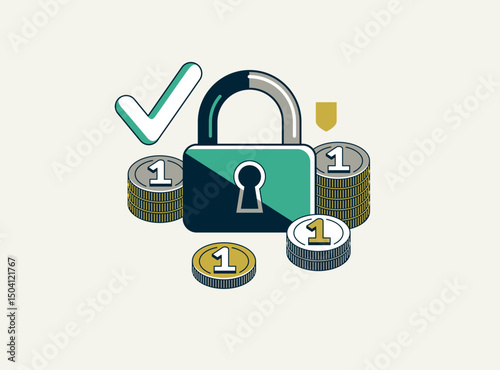 Financial safety vector detailed icon, padlock lock and money composition, secured bank account, safe private finances.