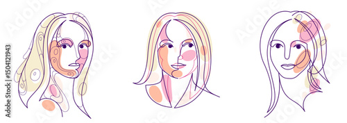 Woman beauty face vector linear illustrations set, delicate line art of attractive girl portraits collection, abstract feminine drawings minimal style isolated.
