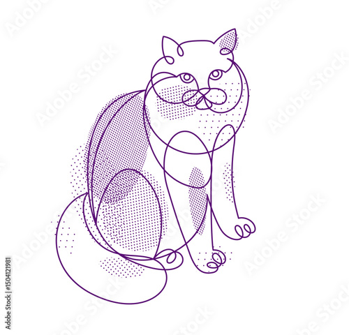 Nice cute cat linear vector illustration, line art drawing of pussycat relaxing, artistic outline minimal sketch of fat and lazy cat.
